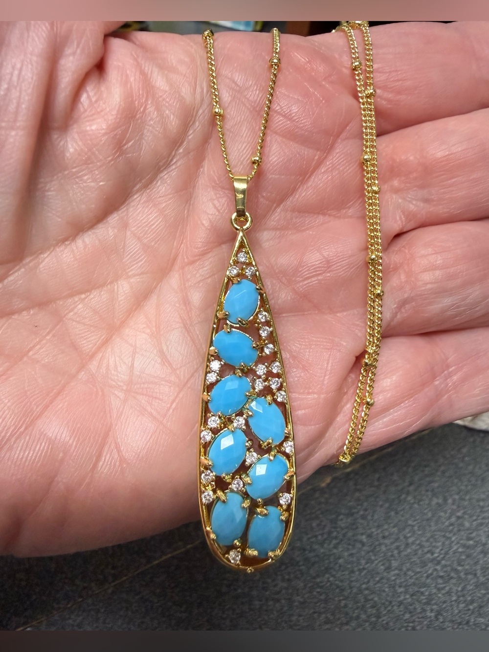 Gold-Filled Teardrop Pendant Necklace with Turquoise Blue Stones